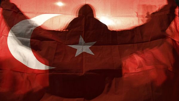 Ein Demonstrant hält eine türkische Flagge vor dem türkischen Konsulat in Rotterdam (Niederlande). Ein Demonstrant hält eine türkische Flagge vor dem türkischen Konsulat in Rotterdam (Niederlande). - Sputnik Việt Nam
