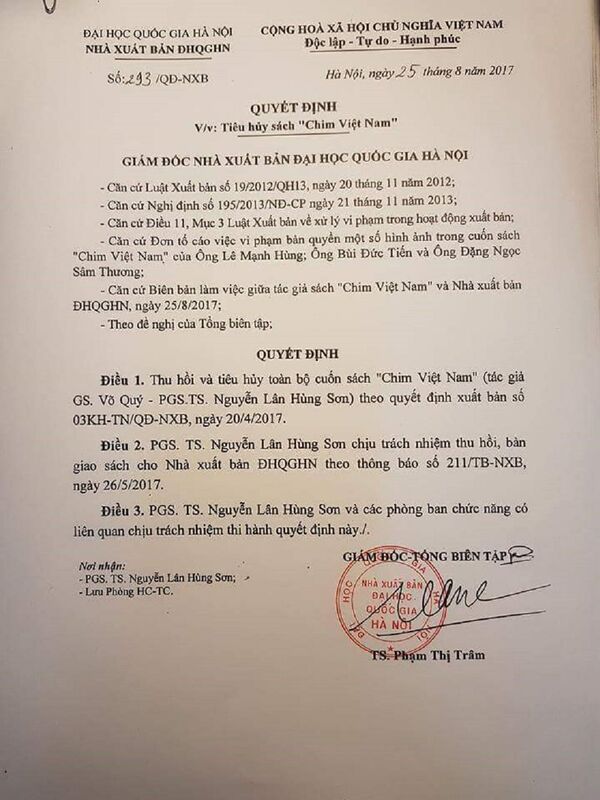 Quyết định thu hồi và tiêu huỷ cuốn sách Chim Việt Nam - Sputnik Việt Nam