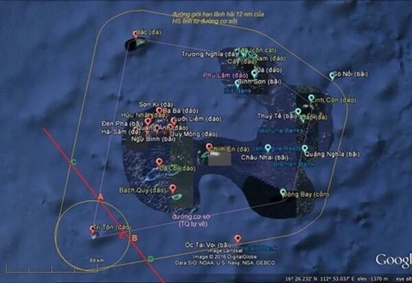 Hình minh họa đường cơ sở Trung Quốc tự vẽ ở Hoàng Sa bằng cách vận dụng vô lý phương pháp xác định đường cơ sở thẳng, áp dụng cho quốc gia quần đảo theo Điều 47 UNCLOS do học giả Song Phan, Sydney, Úc đồ họa. - Sputnik Việt Nam