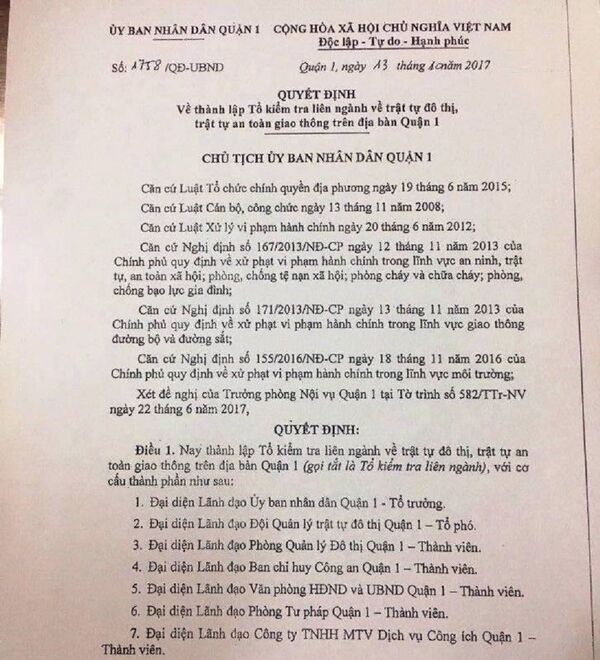 Quyết định thành lập tổ liên ngành cho Chủ tịch UBND quận 1 ký. - Sputnik Việt Nam