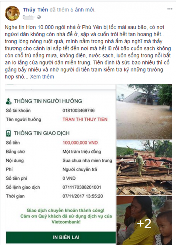 Thông tin TK của Thủy Tiên chia sẻ trên trang cá nhân - Sputnik Việt Nam