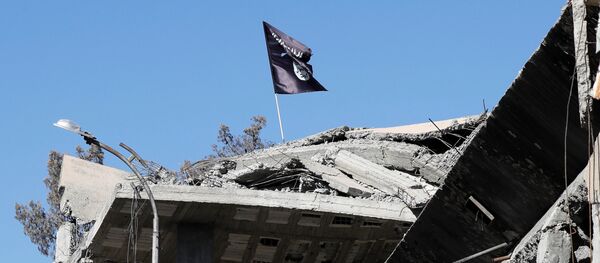A flag of Islamic State militants is pictured above a destroyed house near the Clock Square in Raqqa, Syria October 18, 2017 - Sputnik Việt Nam