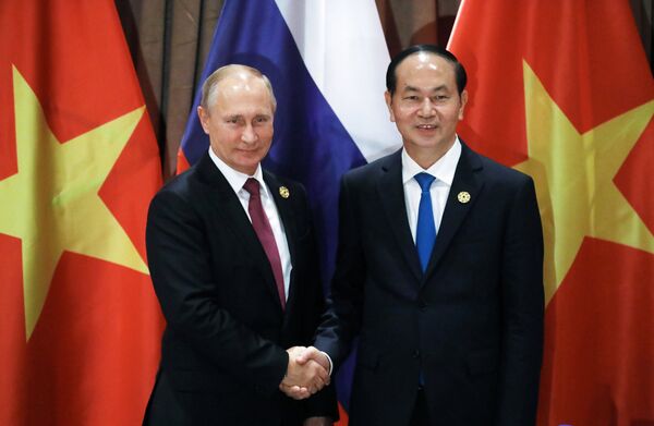 Trong khuôn khổ Tuần lễ Cấp cao APEC 2017, tối 10/11/2017, tại thành phố Đà Nẵng, Chủ tịch nước Trần Đại Quang gặp Tổng thống Nga Vladimir Putin. - Sputnik Việt Nam
