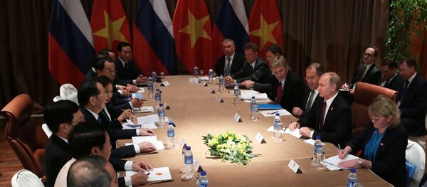 Trong khuôn khổ Tuần lễ Cấp cao APEC 2017, tối 10/11/2017, tại thành phố Đà Nẵng, Chủ tịch nước Trần Đại Quang gặp Tổng thống Nga Vladimir Putin. - Sputnik Việt Nam