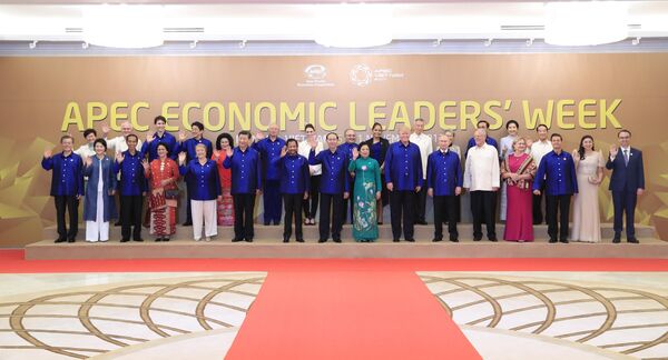 Chủ tịch nước Trần Đại Quang và Phu nhân chụp ảnh chung với Lãnh đạo các nền kinh tế thành viên APEC và Phu nhân.  - Sputnik Việt Nam