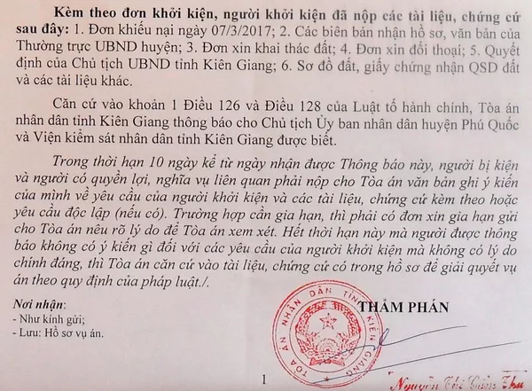 Tòa án thông báo thụ lý vụ cha vợ ông Thương kiện Chủ tịch UBND huyện Phú Quốc. Tòa án thông báo thụ lý vụ cha vợ ông Thương kiện Chủ tịch UBND huyện Phú Quốc. - Sputnik Việt Nam