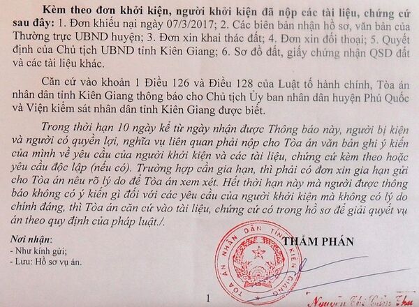 Tòa án thông báo thụ lý vụ cha vợ ông Thương kiện Chủ tịch UBND huyện Phú Quốc. - Sputnik Việt Nam
