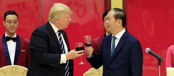 Chủ tịch nước Trần Đại Quang và Tổng thống Mỹ Donald Trump nâng ly chúc mừng mối quan hệ ngày càng phát triển tốt đẹp giữa hai nước - Sputnik Việt Nam