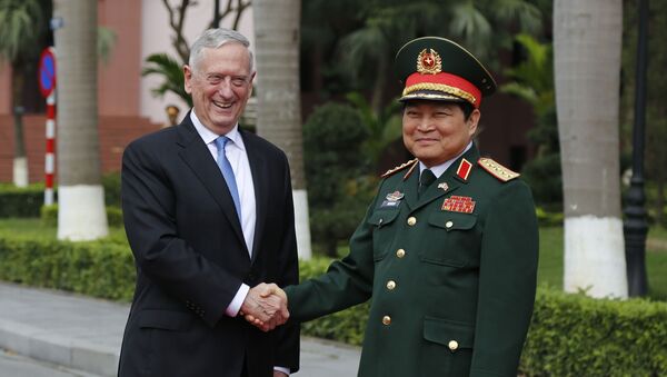 Bộ trưởng Quốc phòng Mỹ Jim Mattis và Bộ trưởng Quốc phòng Việt Nam Ngô Xuân Lịch trong cuộc họp tại Hà Nội - Sputnik Việt Nam