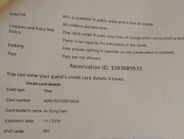 Toàn bộ thông tin thẻ tín dụng của khách hàng được khách sạn in ra - Sputnik Việt Nam