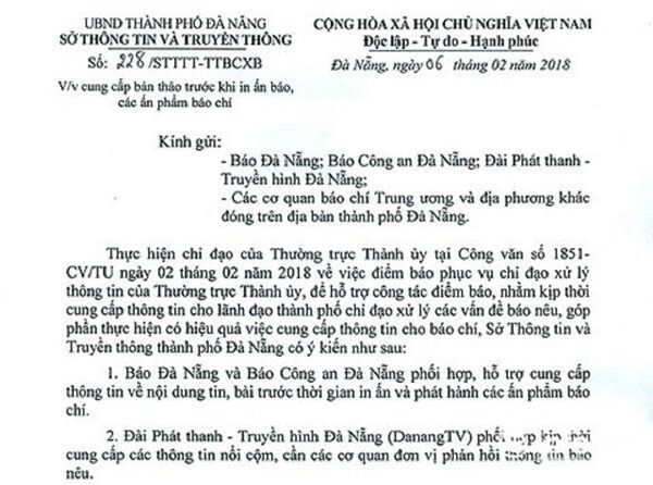 Công văn mới đây của Sở TTTT Đà Nẵng làm dấy lên những lo ngại- Ảnh: Chụp lại từ công văn. - Sputnik Việt Nam