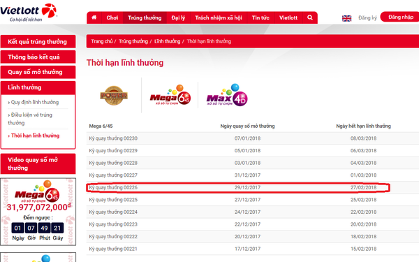 Thời hạn lĩnh thưởng từng kỳ quay số trên trang chủ Vietlott. - Sputnik Việt Nam