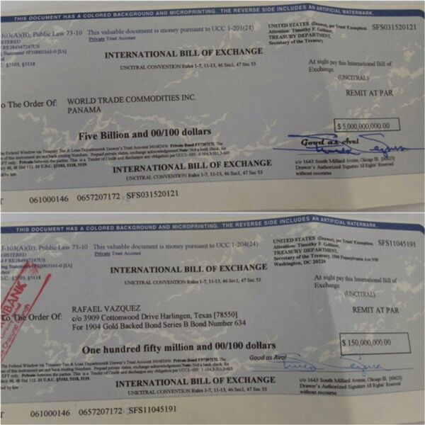 Hai tờ hối phiếu mà tỉ phú USD dỏm mang sang Việt Nam. Ảnh: Công an cung cấp - Sputnik Việt Nam