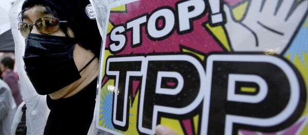 Người phản đối cầm biểu ngữ trong buổi mít tinh phải đối TPP ở Tokyo - Sputnik Việt Nam
