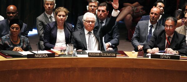 Đại sứ Nga Vitaly Churkin tại phiên họp HDBA LHQ về dự thảo Nghị quyết tai nạn máy bay MH17 - Sputnik Việt Nam