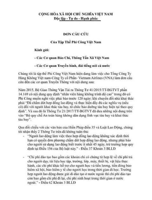 Đơn phản ánh của tập thể phi công đang công tác tại Tổng Công ty Hàng Không Việt Nam (Vietnam Airlines). - Sputnik Việt Nam