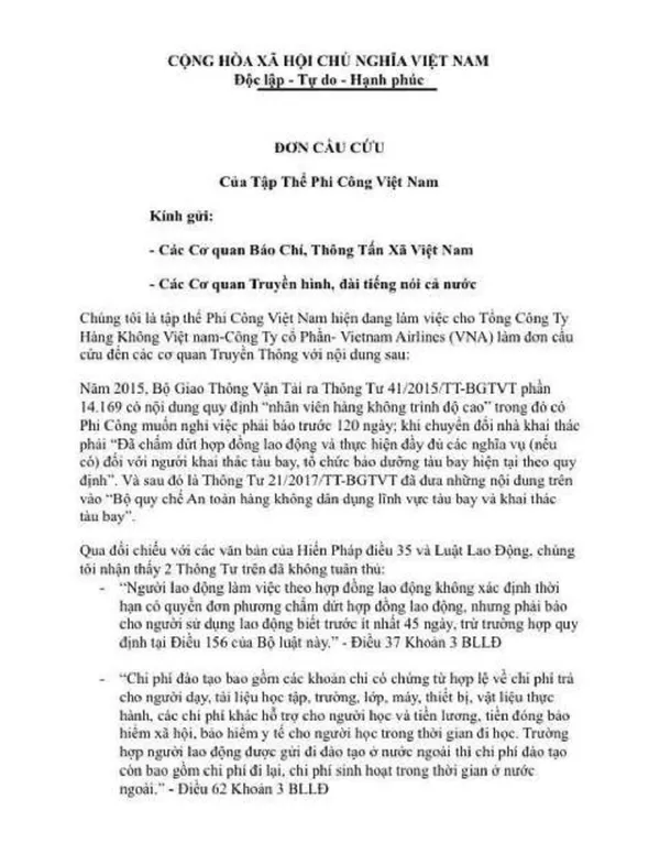 Đơn phản ánh của tập thể phi công đang công tác tại Tổng Công ty Hàng Không Việt Nam (Vietnam Airlines). Đơn phản ánh của tập thể phi công đang công tác tại Tổng Công ty Hàng Không Việt Nam (Vietnam Airlines). - Sputnik Việt Nam