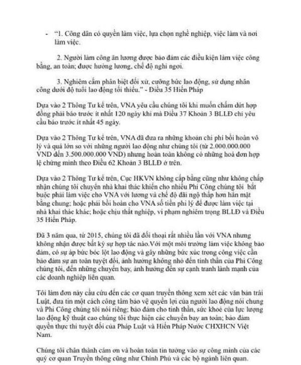 Đơn phản ánh của tập thể phi công đang công tác tại Tổng Công ty Hàng Không Việt Nam (Vietnam Airlines). - Sputnik Việt Nam