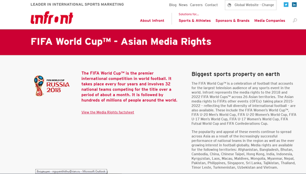 Trang web của Infront Sports & Media có nêu tên Việt Nam là một trong số các quốc gia và vùng lãnh thổ có bản quyền truyền hình cho World Cup 2018. - Sputnik Việt Nam