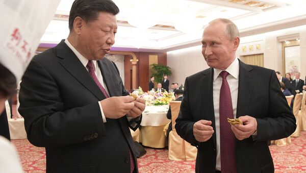 Tổng thống Vladimir Putin tại buổi chiêu đãi của Chủ tịch Trung Quốc Tập Cận Bình tại Thiên Tân. - Sputnik Việt Nam