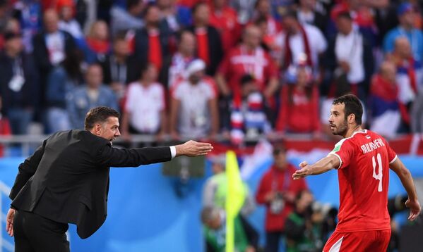 Huấn luyện viên trưởng đội tuyển Serbia Mladen Krstajic và Luka Milivojevic trong trận đấu vòng bảng World Cup giữa Serbia và Thụy Sĩ - Sputnik Việt Nam