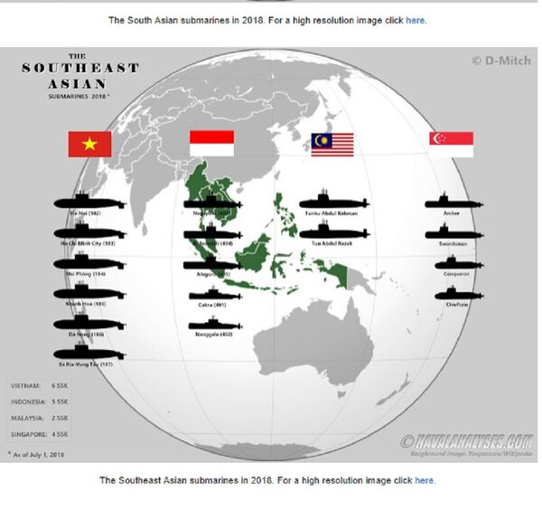 Đồ họa về số lượng tàu ngầm đang hoạt động tại khu vực Đông Nam Á do Naval Analyses thống kê - Sputnik Việt Nam