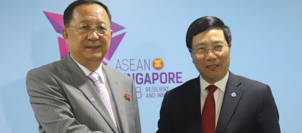 Ngày 3/8/2018, bên lề Hội nghị Bộ trưởng Ngoại giao ASEAN tại Singapore, Phó Thủ tướng, Bộ trưởng Ngoại giao Phạm Bình Minh đã có cuộc gặp song phương với Bộ trưởng Ngoại giao Triều Tiên Ri Yong Ho. - Sputnik Việt Nam