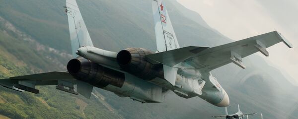 Máy bay chiến đấu đa năng Su-27 của Nga trong chuyến bay trình diễn tại trung đoàn hàng không của Quân khu Đông Nam vinh danh kỷ niệm 105 năm Ngày Không quân Nga - Sputnik Việt Nam
