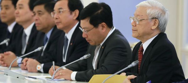 Tổng Bí thư Ủy ban Trung ương Đảng Cộng sản Việt Nam Nguyễn Phú Trọng tại cuộc gặp với Thủ tướng Nga Dmitry Medvedev - Sputnik Việt Nam