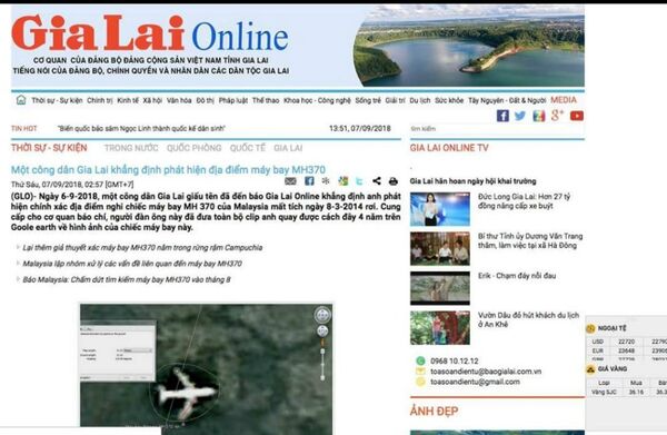 Báo Gia Lai Online đăng tải thông tin một công dân phát hiện vị trí máy bay MH370 rơi - Sputnik Việt Nam
