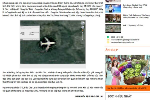 Báo Gia Lai Online sau đó đăng tin phản hồi và tiết lộ, người cấp tin về máy bay MH370 là kỹ sư trắc địa của một tập đoàn lớn - Sputnik Việt Nam