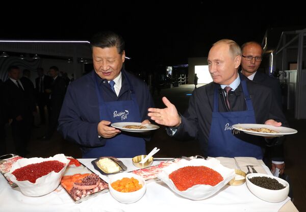 Tổng thống Nga Vladimir Putin dạo chơi ven bờ biển trên đảo Nga cùng Chủ tịch Trung Quốc Tập Cận Bình - Sputnik Việt Nam