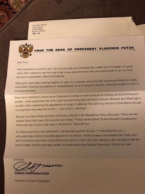 Ở Mỹ xuất hiện bức thư giả của ông Putin ủng hộ nghị sĩ đảng Cộng hòa Dana Rohrabacher - Sputnik Việt Nam