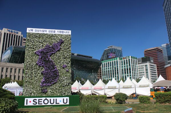 Bản đồ bán đảo Triều Tiên thống nhất bằng hoa. - Sputnik Việt Nam