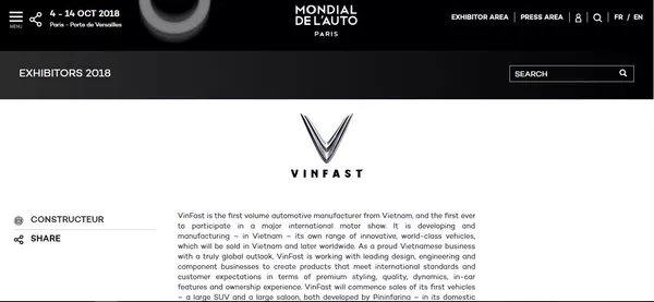 Thương hiệu Vinfast trên trang của Paris Motor Show 2018 Thương hiệu Vinfast trên trang của Paris Motor Show 2018 - Sputnik Việt Nam
