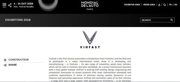 Thương hiệu Vinfast trên trang của Paris Motor Show 2018 - Sputnik Việt Nam