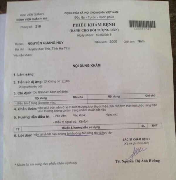 Kết quả khám lại tại Bệnh viện Quân y 103 thì các bác sĩ cho rằng: Hiện tại về tiết niệu không ảnh hưởng đến công tác và học tập - Sputnik Việt Nam