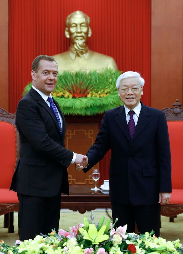 Ngày 19 tháng 11 năm 2018. Thủ tướng Nga Dmitry Medvedev và Tổng Bí thư Trung ương Đảng Cộng sản Việt Nam, Chủ tịch nước Nguyễn Phú Trọng trong cuộc gặp tại Hà Nội. - Sputnik Việt Nam