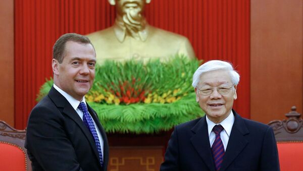 Ngày 19 tháng 11 năm 2018. Thủ tướng Nga Dmitry Medvedev và Tổng Bí thư Trung ương Đảng Cộng sản Việt Nam, Chủ tịch nước Nguyễn Phú Trọng trong cuộc gặp tại Hà Nội. - Sputnik Việt Nam