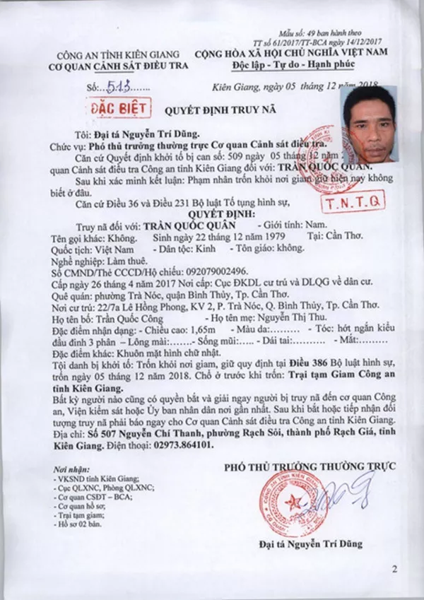 Quyết định truy nã Trần Quốc Quân 