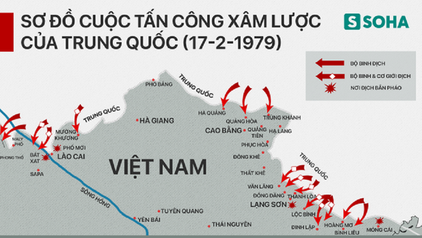 Mô phỏng hình vẽ Sơ đồ cuộc tiến công xâm lược của quân Trung Quốc (ngày 17-2), đăng trên báo Quân Đội Nhân Dân số 6348, ra ngày 18-2-1979. Mô phỏng hình vẽ Sơ đồ cuộc tiến công xâm lược của quân Trung Quốc (ngày 17-2), đăng trên báo Quân Đội Nhân Dân số 6348, ra ngày 18-2-1979. - Sputnik Việt Nam