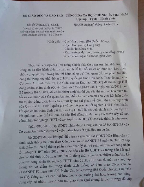 Bộ Giáo dục và Đào tạo đề nghị Cục nhà trường (Bộ Quốc phòng), Cục Đào tạo (Bộ Công an) chỉ đạo các trường liên hệ với Sở Giáo dục và Đào tạo Hòa Bình để để được cung cấp thông tin. Bộ Giáo dục và Đào tạo đề nghị Cục nhà trường (Bộ Quốc phòng), Cục Đào tạo (Bộ Công an) chỉ đạo các trường liên hệ với Sở Giáo dục và Đào tạo Hòa Bình để để được cung cấp thông tin. - Sputnik Việt Nam