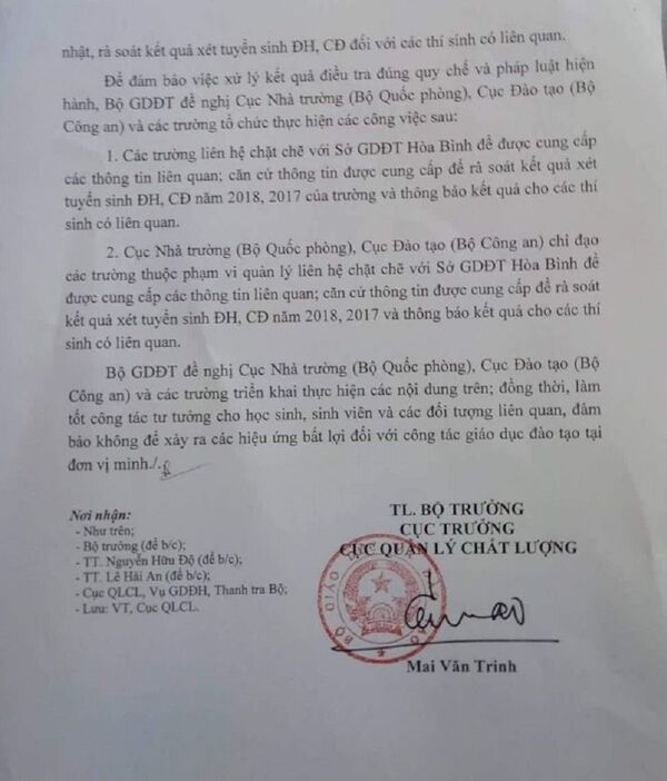 Bộ Giáo dục và Đào tạo đề nghị Cục nhà trường (Bộ Quốc phòng), Cục Đào tạo (Bộ Công an) chỉ đạo các trường liên hệ với Sở Giáo dục và Đào tạo Hòa Bình để để được cung cấp thông tin. Bộ Giáo dục và Đào tạo đề nghị Cục nhà trường (Bộ Quốc phòng), Cục Đào tạo (Bộ Công an) chỉ đạo các trường liên hệ với Sở Giáo dục và Đào tạo Hòa Bình để để được cung cấp thông tin. - Sputnik Việt Nam