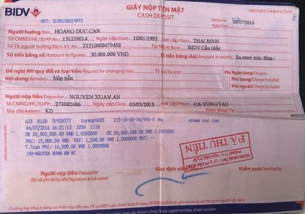 Giấy chuyển tiền cho ông Hoàng Đức Cần - Sputnik Việt Nam
