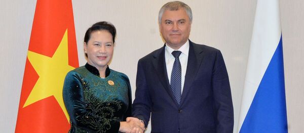 Bên lề Đại Hội đồng lần thứ 140 Liên minh Nghị viện thế giới (IPU – 140) tại thủ đô Doha (Qatar), sáng 7/4/2019 (theo giờ địa phương), Chủ tịch Quốc hội Nguyễn Thị Kim Ngân hội kiến Chủ tịch Duma quốc gia Nga Vyacheslav Volodin.  - Sputnik Việt Nam