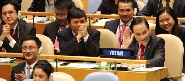 Niềm vui của các thành viên của đoàn Việt Nam khi trúng cử ủy viên không thường trực HĐBA LHQ với số phiếu gần như tuyệt đối. - Sputnik Việt Nam