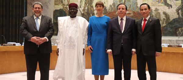 Trưởng đoàn năm nước Ủy viên không thường trực HĐBA LHQ nhiệm kỳ 2020-2021 mới được bầu chụp ảnh lưu liệm tại phòng họp của HĐBA. - Sputnik Việt Nam