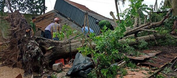 Cây to bật gốc đè sập nhà dân trong mưa dông.  - Sputnik Việt Nam