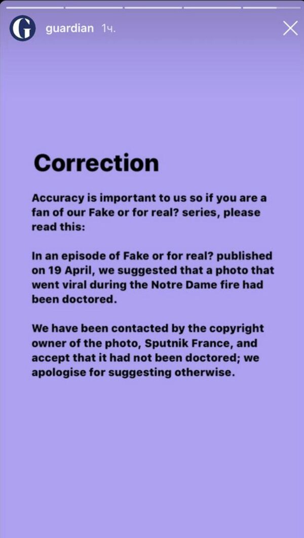 The Guardian thừa nhận ảnh do Sputnik chụp Nhà thờ Đức Bà Paris đang cháy là ảnh gốc The Guardian thừa nhận ảnh do Sputnik chụp Nhà thờ Đức Bà Paris đang cháy là ảnh gốc - Sputnik Việt Nam