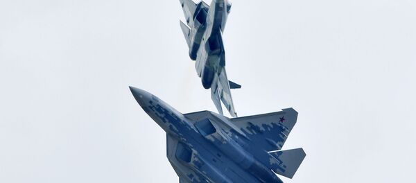 Máy bay chiến đấu đa năng thế hệ thứ năm của Nga Su-57 thực hiện chuyến bay trình diễn tại Triển lãm Hàng không - Vũ trụ MAKS-2019 - Sputnik Việt Nam